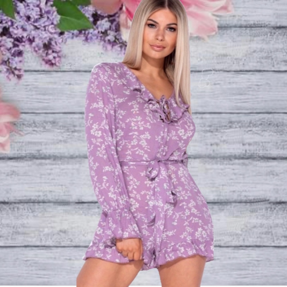 FRILL TRIM SELF BELT LONG SLEEVE PLAYSUIT